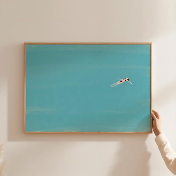 Girl Floating In Pool, Horizontal Swimming Pool Wall Art, Summer Pool Print Minimalist Beach House Art Poster, Poster Only