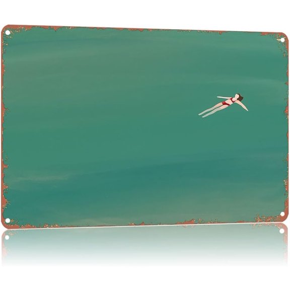 Girl Floating In Pool Horizontal Tiny Swimming People Metal Signs Minimalist Pool Art Poster Home Wall Decor, Suitable For Bedroom, Living Room, Bar, Restaurants,Etc.Plaque 12 X 8 Inch