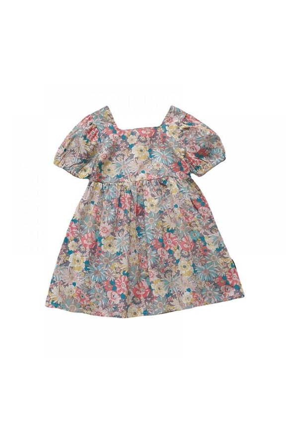 Girl Floral Backless Princess Dress Children Girl Summer Square Neck Puff Sleeve Dress Korean Sundress Kid Clothing For Girl