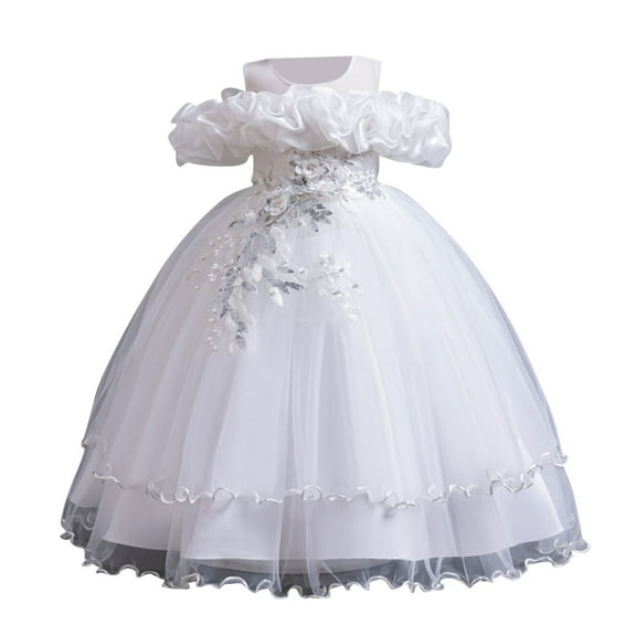 Girl Flower Embroidery Dresses Off The Shoulder Tulle Dress Pageant Wedding Bridesmaid Dance Gowns for 3-14 Years