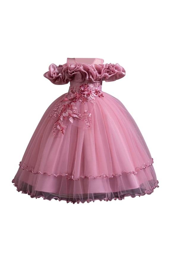 Girl Flower Embroidery Dresses Off The Shoulder Tulle Dress Pageant Wedding Bridesmaid Dance Gowns for 3-14 Years