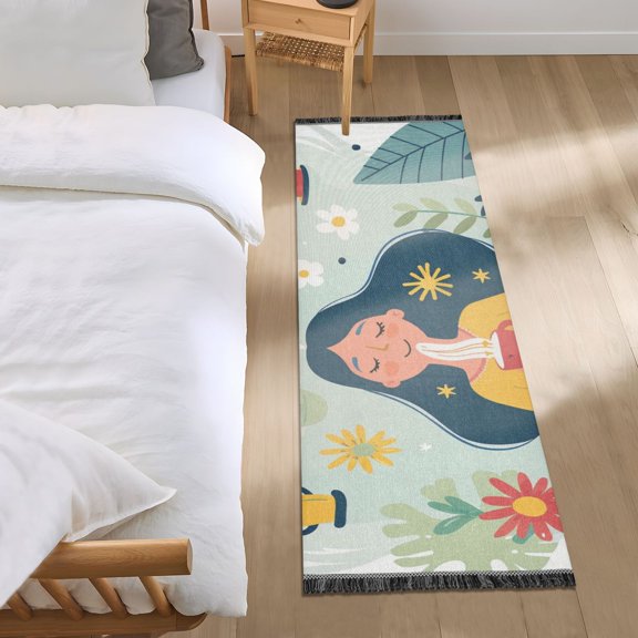 Girl Flower Leaf Cup Runner Area Rug 2x6 Soft Non-Slip Washable Bedside Carpet for Hallway Bedroom Living Room Home Decor