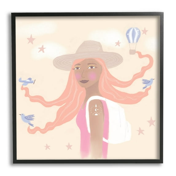 Girl Flowing Hair Birds Plane Hot Air Balloon 24 in x 24 in Framed Painting Art Print, by Stupell Home Décor