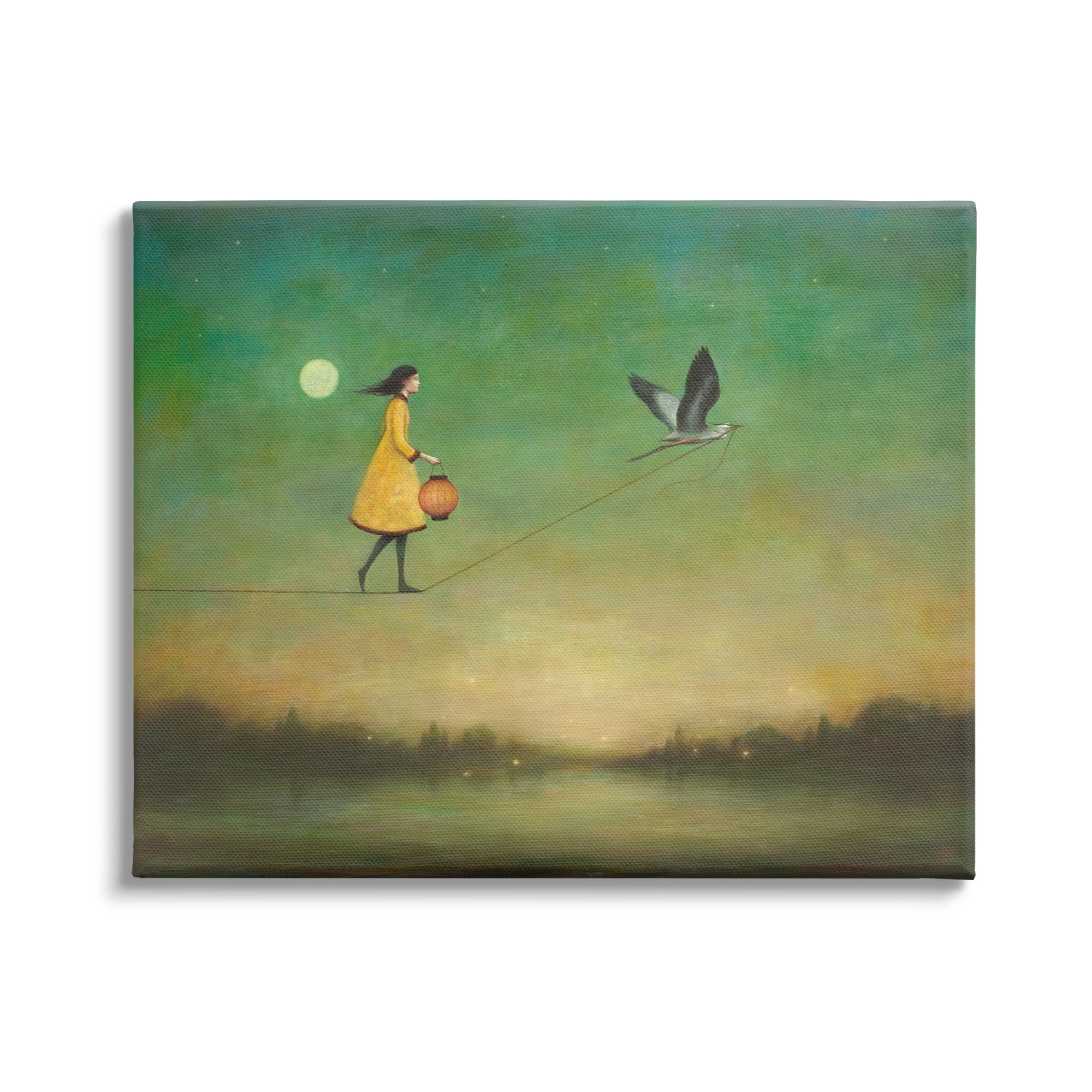 Girl Following Bird Yellow Dress Vivid Green Landscape Animals & Insects Painting Gallery-Wrapped Canvas Print Wall Art