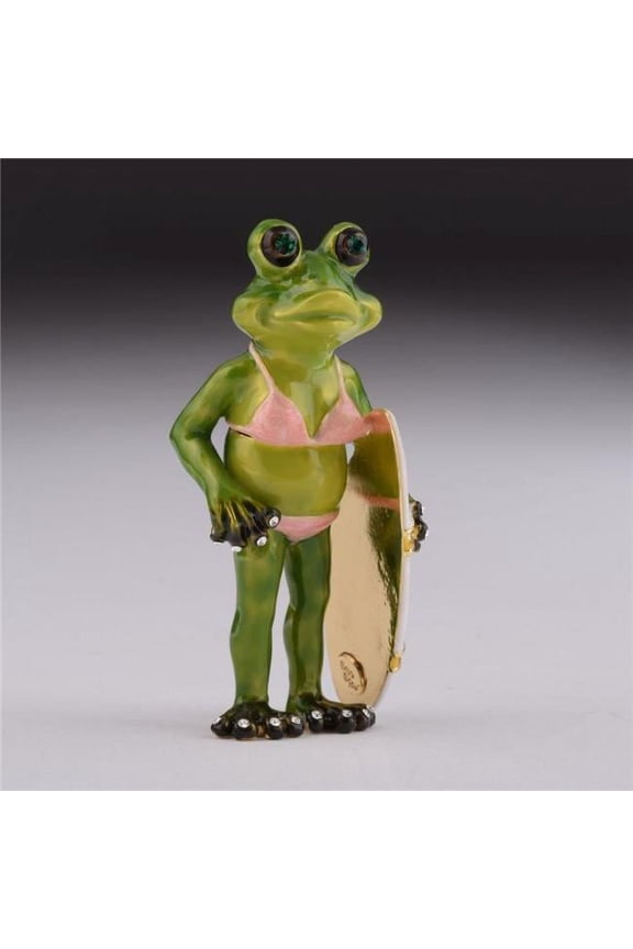 Girl Frog Holding a Surfboard Enamel Painted Trinket Box with Austrian Crystals