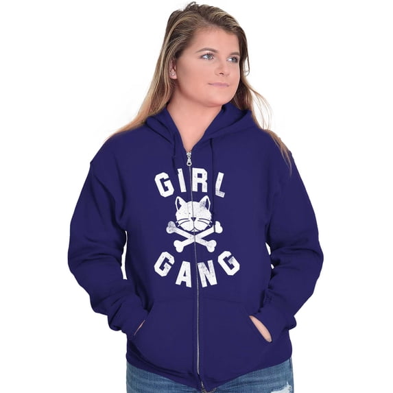 Girl Gang Punk Kittycat Crossbones Zip Hoodie Sweatshirt Women Brisco Brands 2X