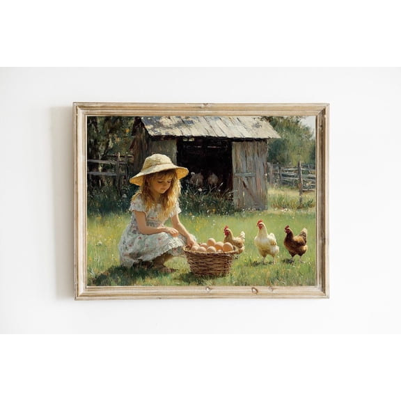 Girl Gathering Eggs Rustic Farm Countryside Print Poster Modern Farmhouse Children's Room Cottagecore Wall Art Poster E1038, Unframed Poster Size 8x12 F03.1.18l893