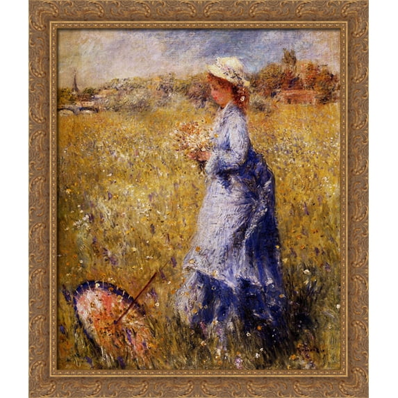 Girl Gathering Flowers 28x34 Large Gold Ornate Wood Framed Canvas Art by Pierre Auguste Renoir