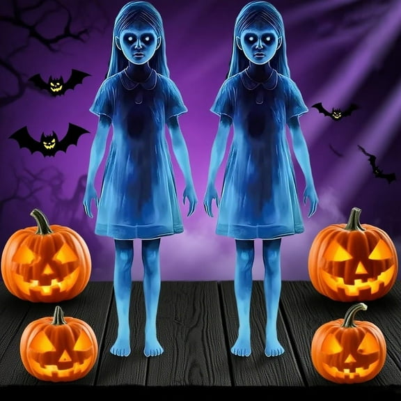 Girl Ghost Courtyard Decoration for Halloween, 16 Inch Horror Twin Girls Garden Stake Iron, Metal Waterproof Scary Zombie Lawn Silhouette Sign for Outdoor Cemetery Haunted Decor(4pcs)