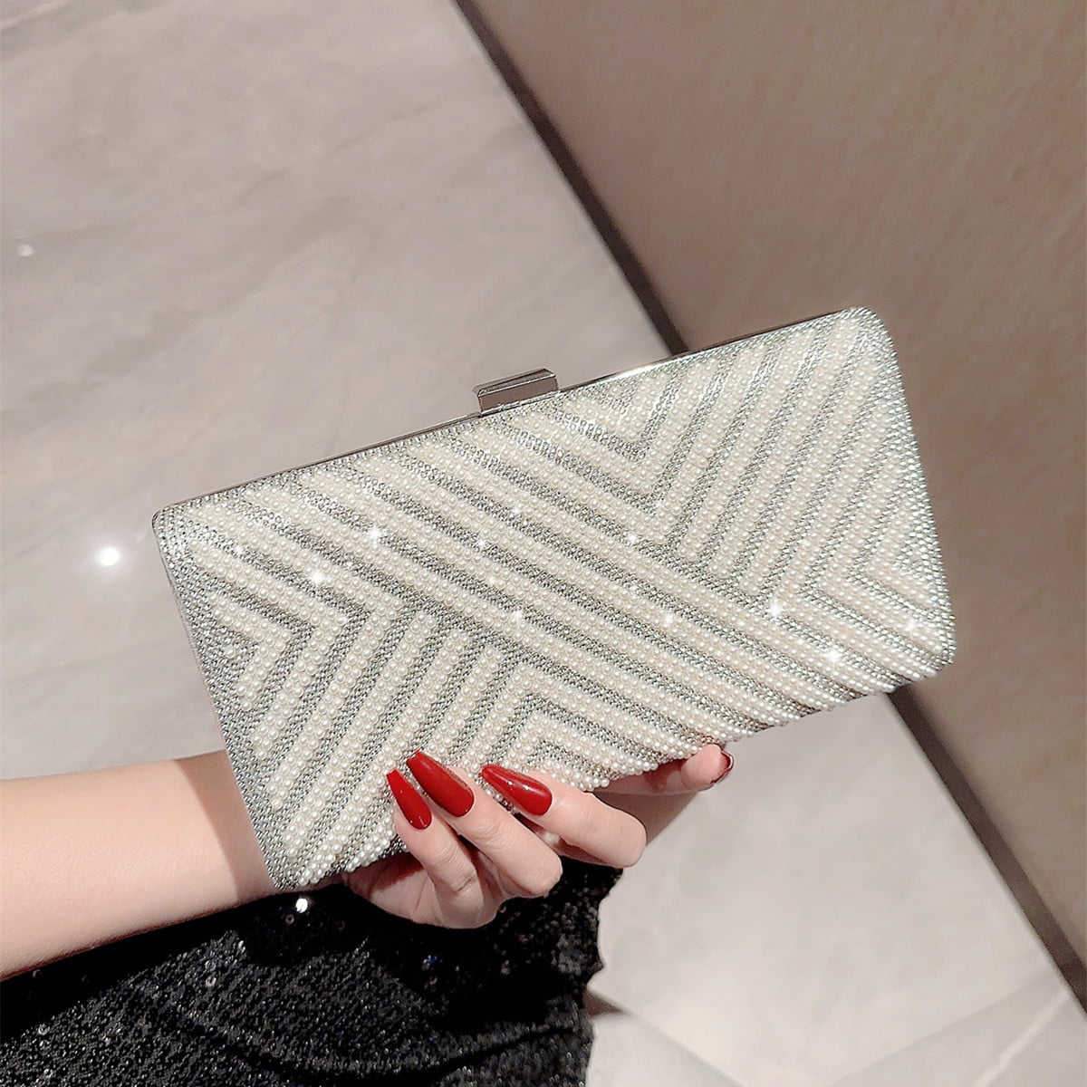 Girl Gold and Pearl Envelope Clutch Bag, Women's Gold and Pearl Envelope Evening Clutches Wedding And Party Purse- Pearl