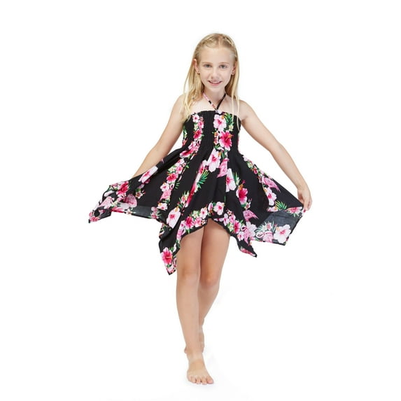 Girl Gypsy Uneven Bottom Hawaiian Luau Dress in Pink Black Hibiscus Vine Size 12