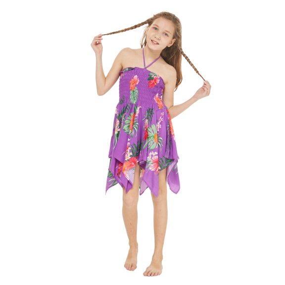 Girl Gypsy Uneven Bottom Hawaiian Luau Dress in Pretty Tropical Purple Size 12