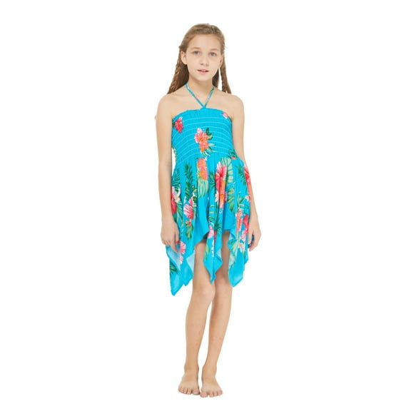 Girl Gypsy Uneven Bottom Hawaiian Luau Dress in Pretty Tropical Turquoise Size 8