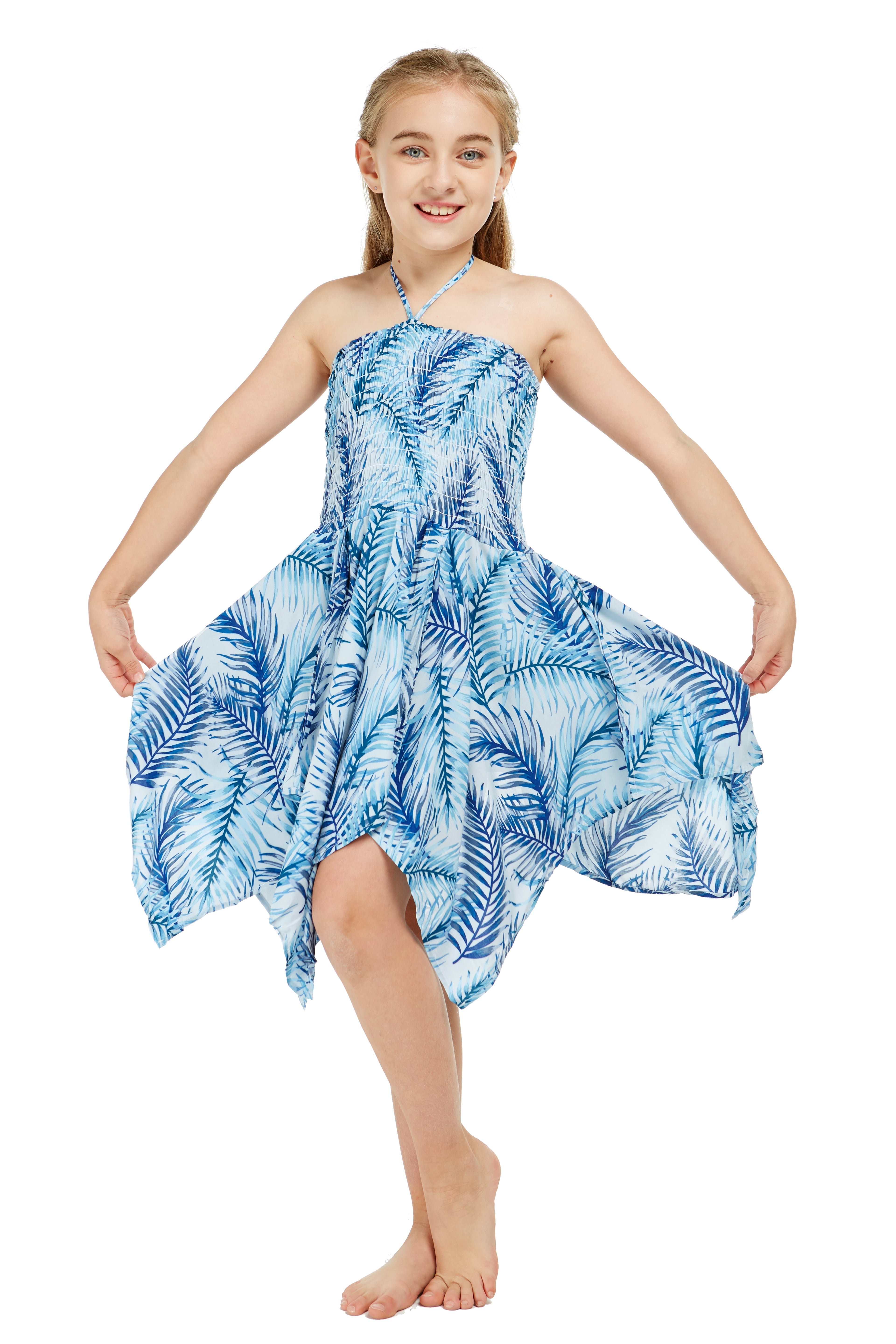 Girl Gypsy Uneven Bottom Hawaiian Luau Dress in Simply Blue Leaves Size 12  - Walmart.com