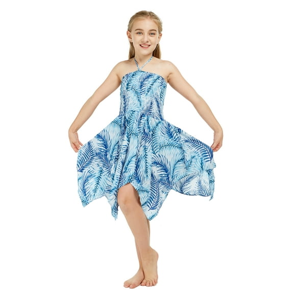 Girl Gypsy Uneven Bottom Hawaiian Luau Dress in Simply Blue Leaves Size 8