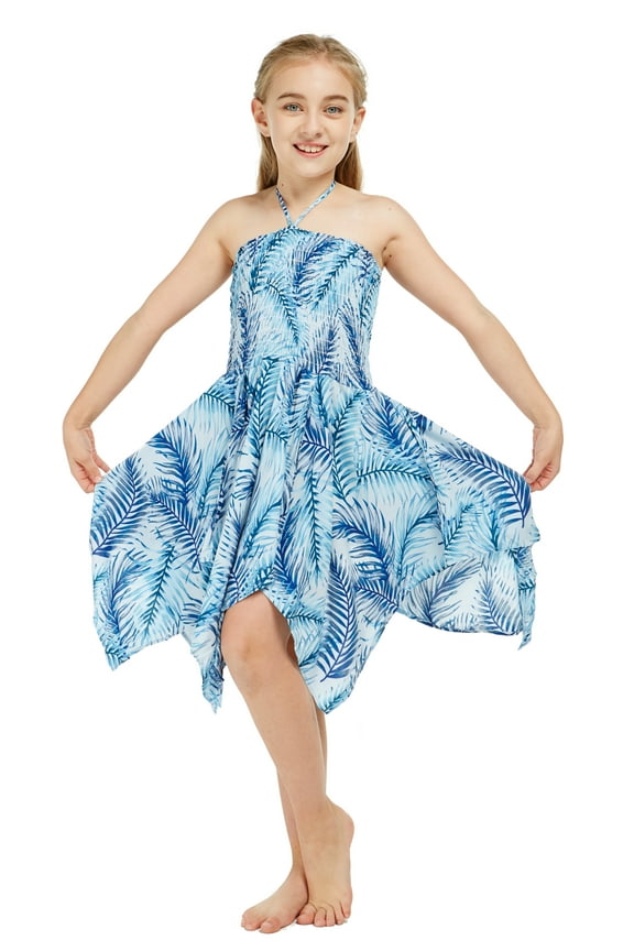 Girl Gypsy Uneven Bottom Hawaiian Luau Dress in Simply Blue Leaves Size 8