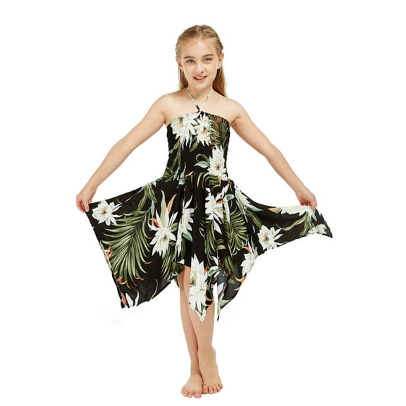 Girl Gypsy Uneven Bottom Hawaiian Luau Dress in Wispy Cereus Black Size 12