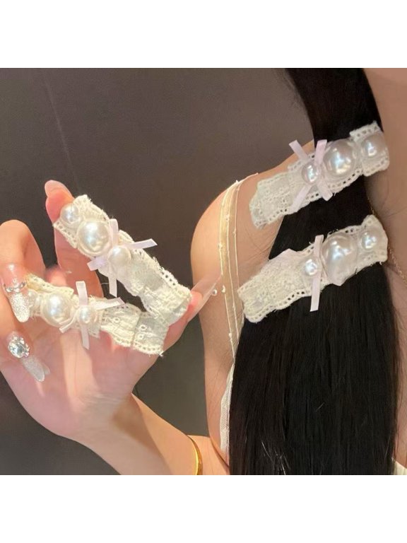 Girl Hairpin Mini Pink Bow Imitation Pearls Decor Soft Lace Hair Clip with Rounded Metal Clamp Gentle on Scalp Princess Hair Accessories