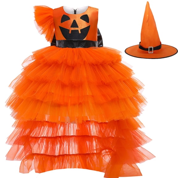 Girl Halloween Pumpkin Dress with Hat