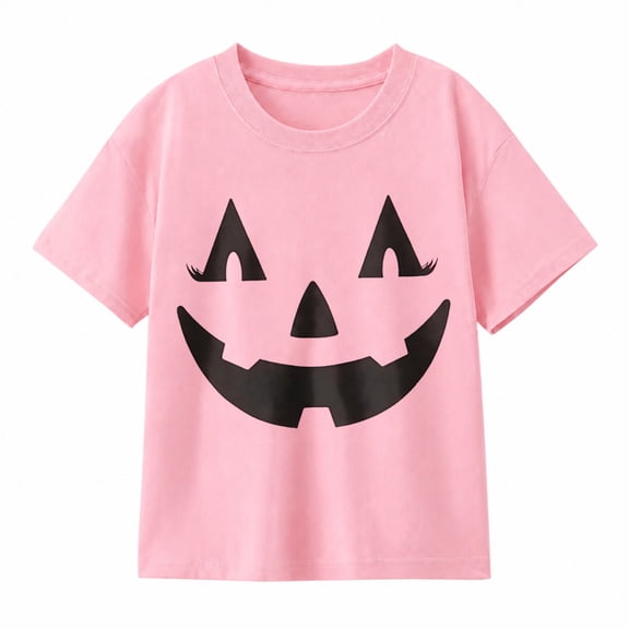 Girl Halloween T-Shirt Short Sleeve Pumpkin Face Tops for Kids, Crew Neck, Halloween Pumpkin Tee, Spooky Pumpkin Face Shirt