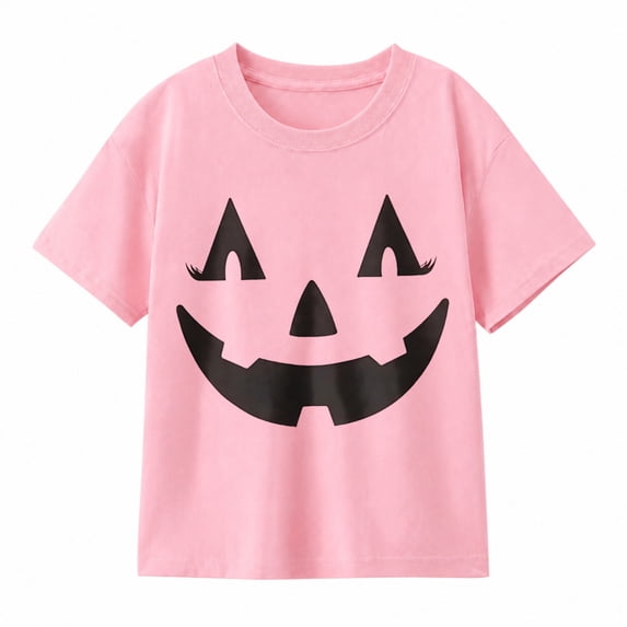 Girl Halloween T-Shirt Short Sleeve Pumpkin Face Tops for Kids, Crew Neck, Halloween Pumpkin Tee, Spooky Pumpkin Face Shirt