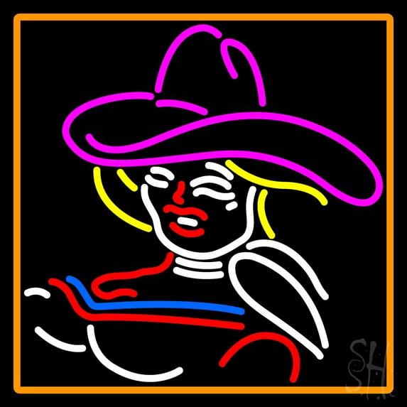 Girl With A Hat LED Neon Sign 24" Tall x 24" Wide - inches Black Square Cut Acrylic Backing, with Dimmer - Premium built indoor Sign for Strip Club, Dance club, Décor, Bar.