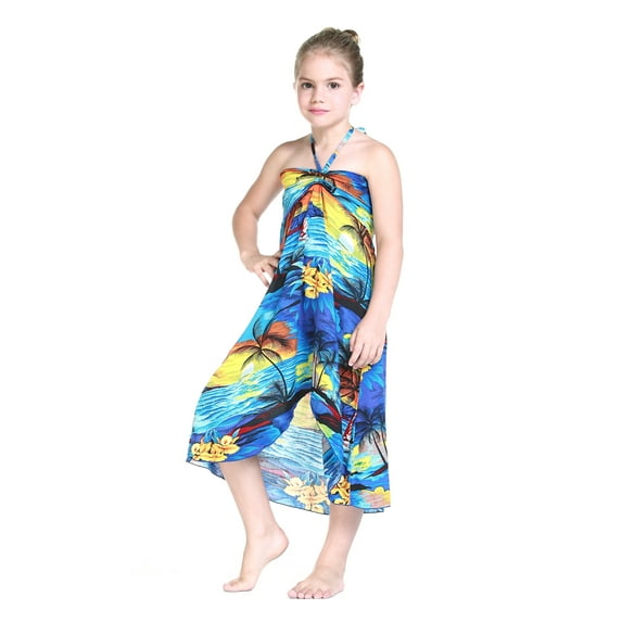 Girl Hawaiian Halter Dress in Blue Sunset Size 12