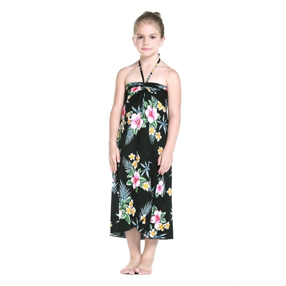 Girl Hawaiian Halter Dress in Hibiscus Black Size 4