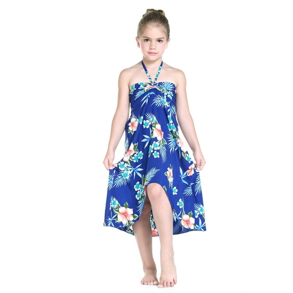 Girl Hawaiian Halter Dress in Hibiscus Blue Size 4