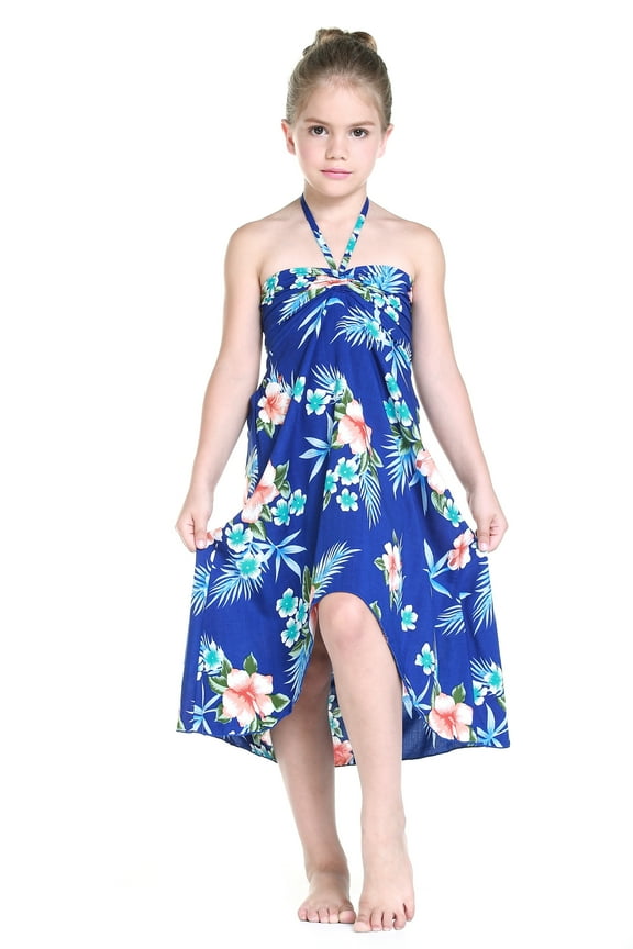 Girl Hawaiian Halter Dress in Hibiscus Blue Size 4