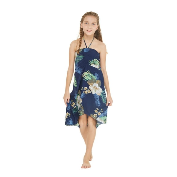 Girl Hawaiian Halter Dress in Pineapple Garden Navy Size 6