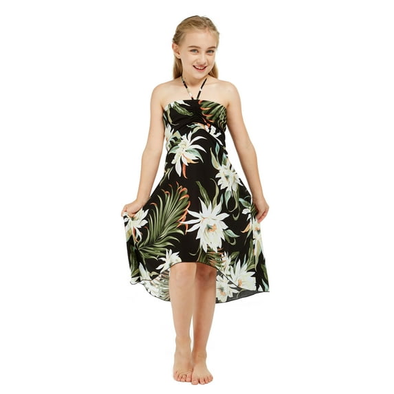 Girl Hawaiian Halter Dress in Wispy Cereus Black Size 6