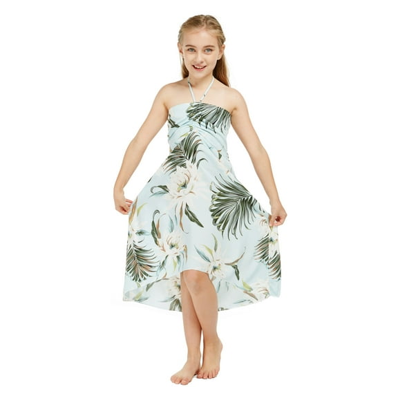 Girl Hawaiian Halter Dress in Wispy Cereus Light Blue Size 14