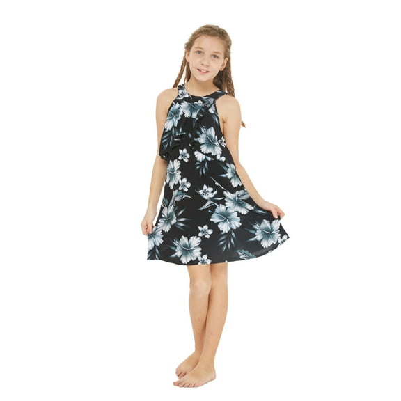 Girl Hawaiian Round Neck with Ruffle Dress in Midnight Bloom Size 12