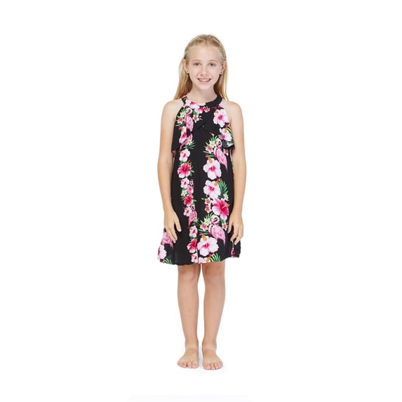 Girl Hawaiian Round Neck with Ruffle Dress in Pink Black Hibiscus Vine Size 2