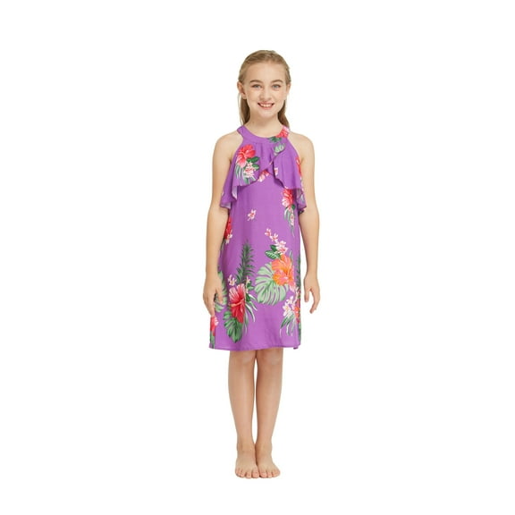 Girl Hawaiian Round Neck with Ruffle Dress in Pretty Tropical Purple Size 12