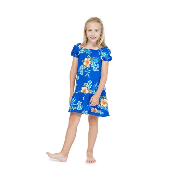 Girl Hawaiian Short Sleeve Simple Muumuu Ruffle Dress in Hibiscus Blue