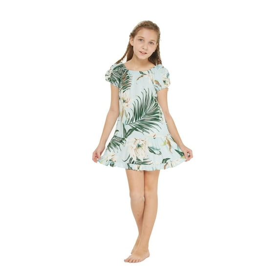 Girl Hawaiian Short Sleeve Simple Muumuu Ruffle Dress in Hibiscus Blue