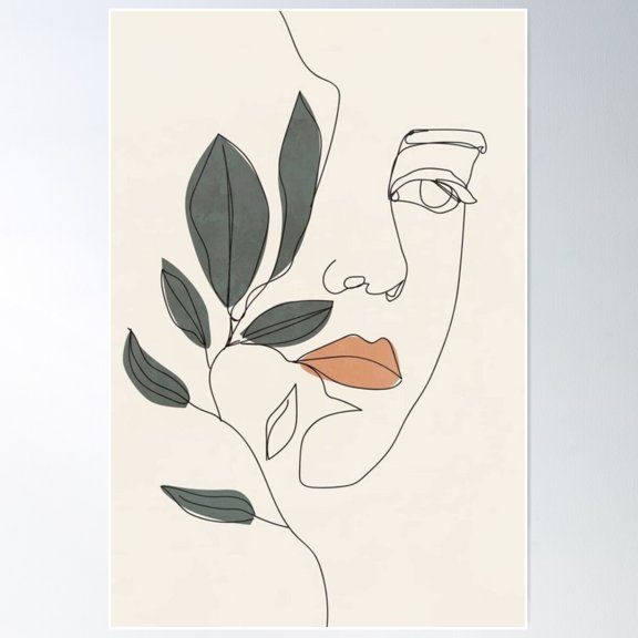Girl Head Drawing Portrait With Leaves-Lady Poster Wall Art, Modern Wall Decor For Living Room Bedroom, 8x12 UNFRAMED