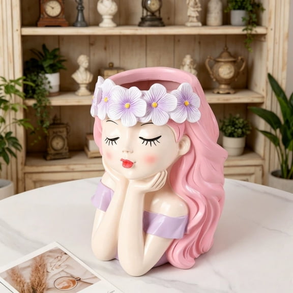 Girl Head Resin Face Planter Pot with Flower Crown,6.7in Cute Plants Container,for Indoor Shelf Windowsill Balcony Home Garden,Unique Housewarming Gardening Gift for Women Plant Lovers,1PC