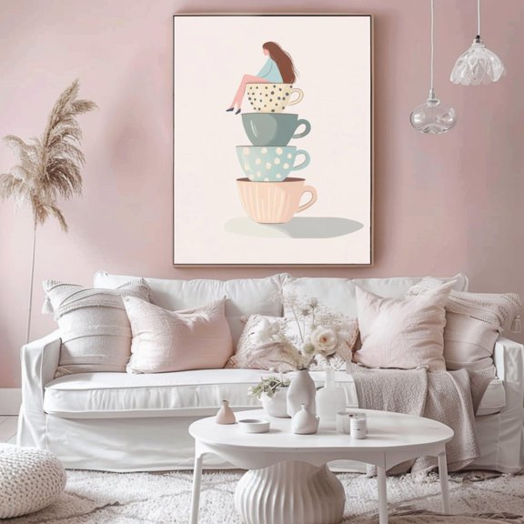 Girl Her Teacups Pastel Girly Kitchen Cute Teacups Tea Poster Unframed Paper Print