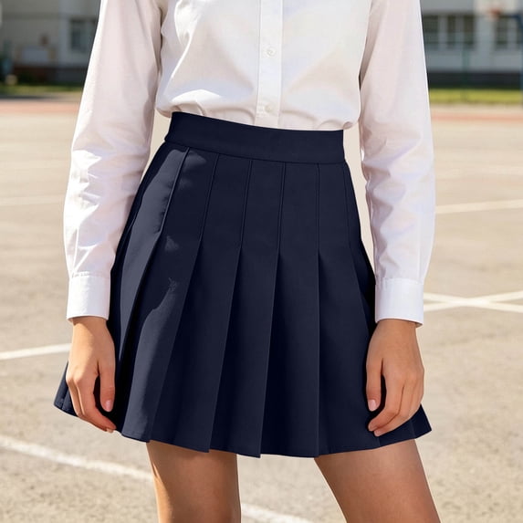 Girl High Waist Uniform Pleated Skirt Solid Color A Line Short School Skater