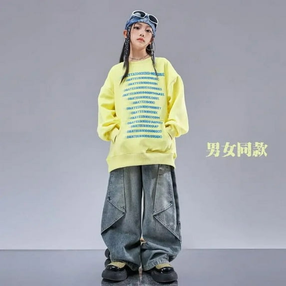 Girl Hip Hop Fashion Sweatshirt Contrast Loose Pants Girls Crop Top Streetwear Child Street Dance Clothes Sets Kids Jazz Costume