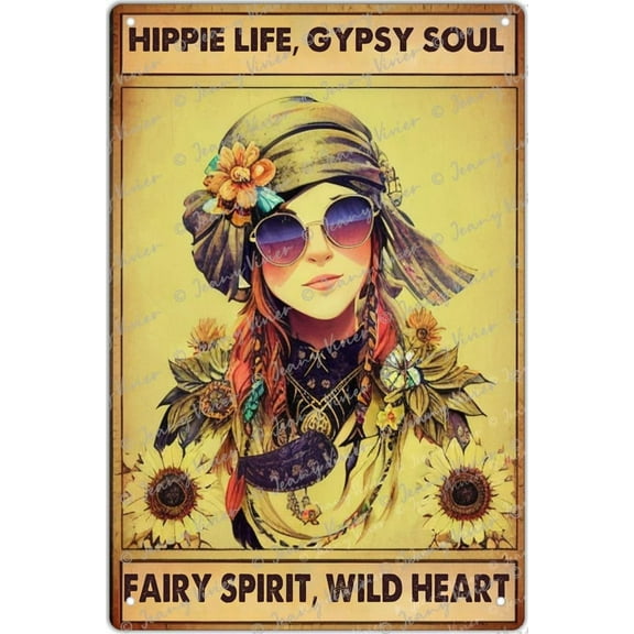 Girl Hippie Life Gypsy Soul Fairy Spirit Wild Heart Retro Metal Signs Inspirational Signs Vintage Metal Signs Boho Style Funny Saying For Woman Encouragement Signs For Home Decor 5.5 x 8 In