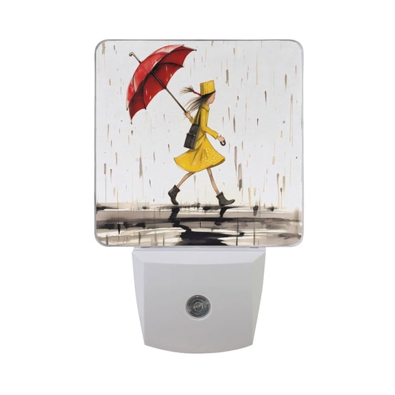 Girl Hold Umbrella in Rain Night Light 2 Pack LED Nightlight Plug into Wall Dusk to Dawn Sensor Soft White