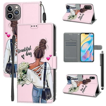 Girl Holding Flower 3D Pattern Magnetic Closure PU Leather Flip Cover with Card Holder and Kickstand Protective Wallet Phone Case For iPhone 16 16Pro 16ProMax 15 14 13 12 11 XR With Stylus Pen