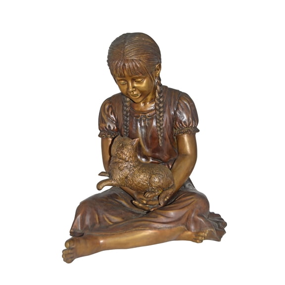 Nifao Girl Holding Her Cat Life Size Bronze Statue, Home Decor Sculpture, 23"L x 20"W x 24"H