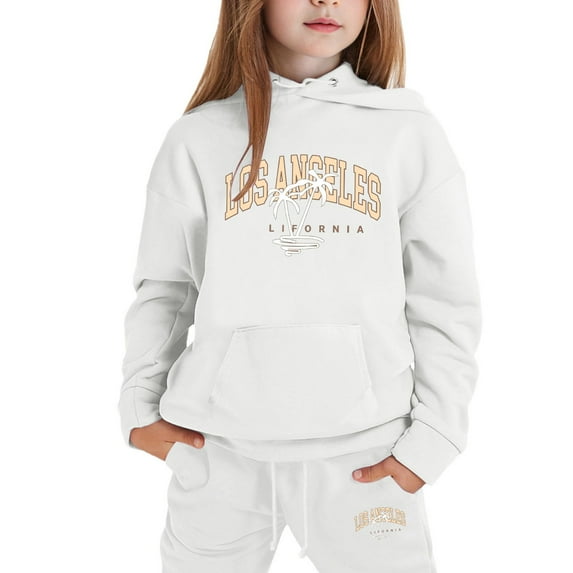 Girl Hooded Sweatshirt Set Los Angeles Printed Long-Sleeve Girls' Active Sweatsuit Letter Printed Comfortable Girls Clothes with Pocket,White,5-6 Years