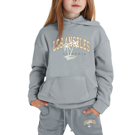 Girl Hooded Sweatshirt Set Los Angeles Printed Long-Sleeve Girls' Active Sweatsuit Letter Printed Comfortable Girls Clothes with Pocket,Grey,6-7 Years