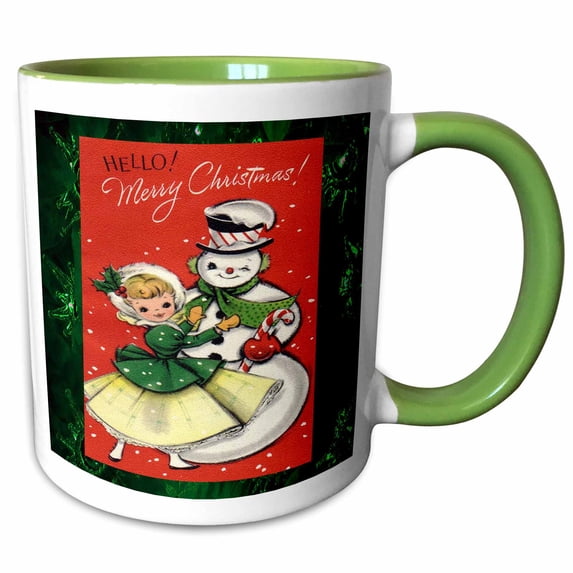 3drose, Girl in Green Jacket with Snowman and Green Lights on the Tree Background, 11oz Two-tone Green Mug